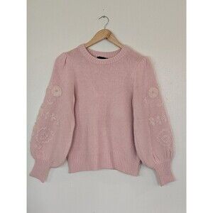 Cliché Pink Knit Sweater Womens Size XS Floral Embroidered Balloon Sleeve